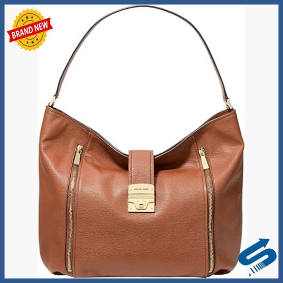 Handbags - Large Leather Hobo Shoulder Bag with Zip Pockets, Spacious Compartment